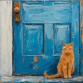 Chat devant une porte bleue