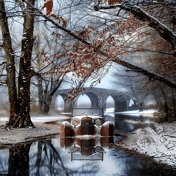 Mercedes Benz Oldtimer ouverte rouillée dans une flaque d'eau en hiver par gm_designs