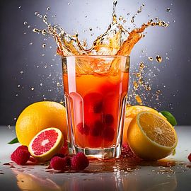 A glass of fruit juice with splashes surrounded by various vitamin-rich fruits by Martine Affre Eisenlohr