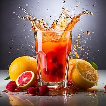 Een glas vruchtensap met spatten omringd door verschillende vitaminerijke vruchten van Martine Affre Eisenlohr