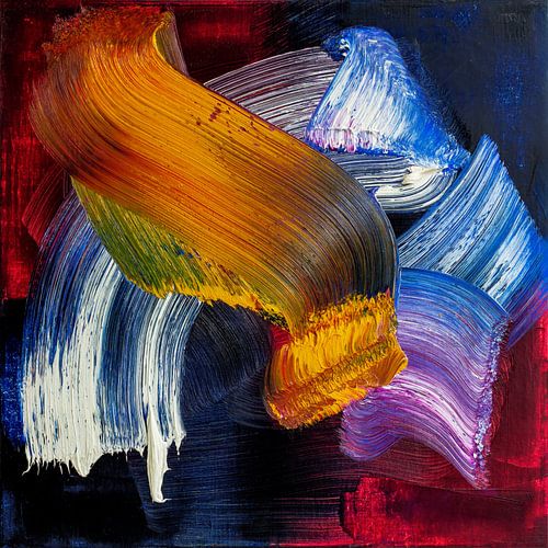 Abstract olieverf schilderij, geel, blauw, wit, paars, donkerrood en zwart