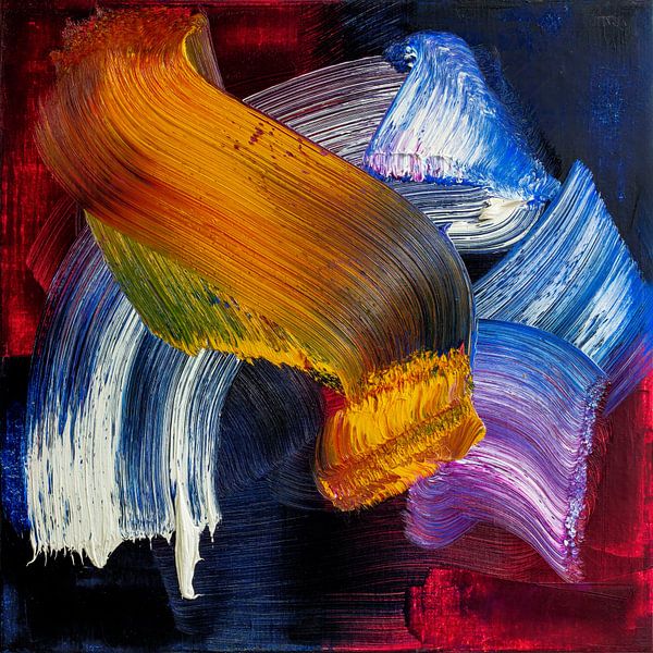 Abstract olieverf schilderij, geel, blauw, wit, paars, donkerrood en zwart van BowiScapes abstract en digitale kunst