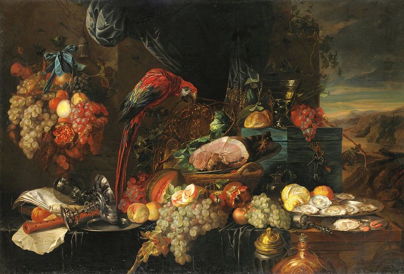 Stillleben mit Obst, Austern und einem Papagei, Jan Davidsz de Heem von Meisterhafte Meister