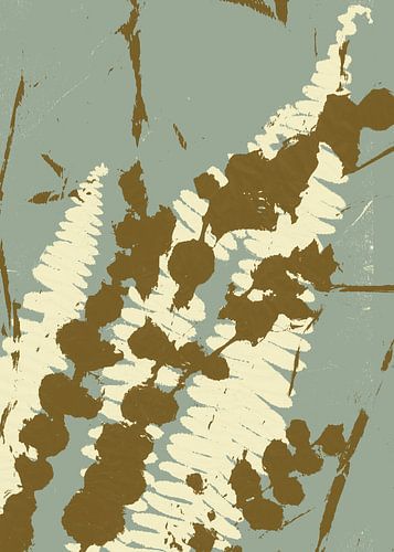 Natuur kunstdruk. Bladeren in goud en wit op celadon groen.