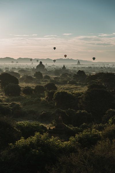 Heißluftballons über Tempeln in Bagan Myanmar von Ayla Maagdenberg