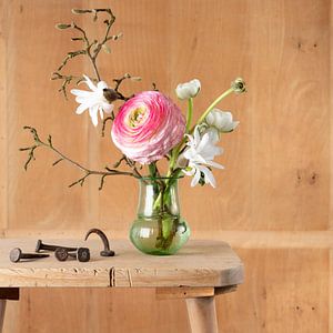 Still life of bouquet of flowers with old steel nails by Letty Bonsma