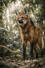 Manenwolf in groen regenwoud – unieke wildlife foto met warme natuurtinten van Design Wall Arts