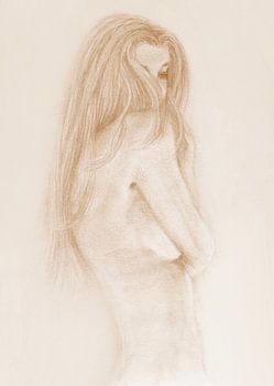 Schets jonge vrouw , discreet naakt mokka beige