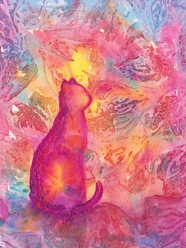 Katze in einem farbenfrohen abstrakten Blumengarten von Karen Kaspar