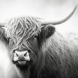 Scottish highlander in black and white by Digitale Schilderijen