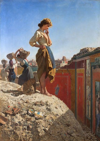Meisje bij de opgravingen van Pompeii (rode muur), Filippo Palizzi van All the Masters