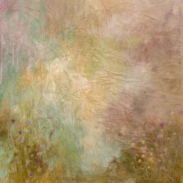 Abstrakte Malerei, Blumenwiese, Erdtöne, rosa und lila von Joriali Abstrakte Kunst