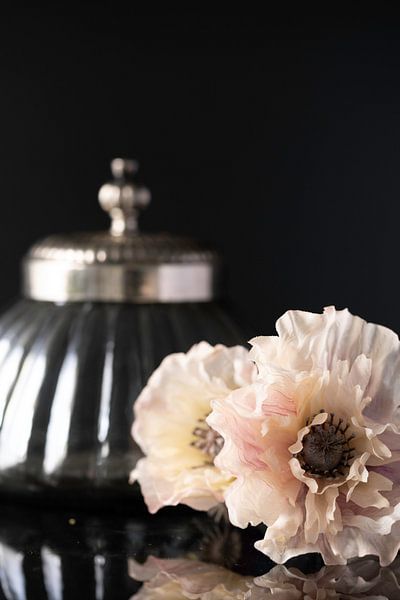 Still life: antique glass jar with pink poppies by Gaby Hendriksz