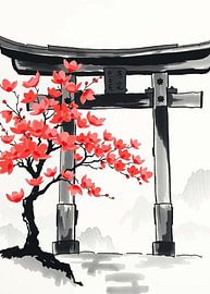 Japanese Torii Gate with Cherry Blossoms