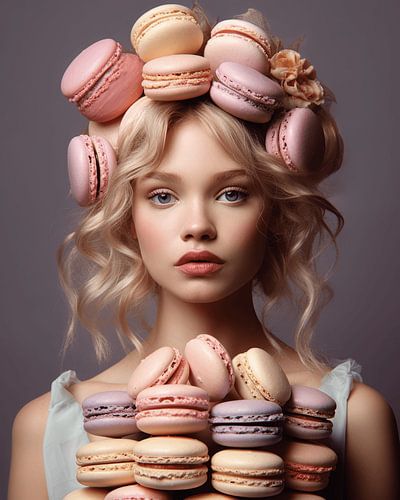"Life is sweet" portrait of a girl with macarons