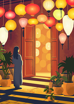 Meisje Voor een Vietnamese Lampionnenwinkel