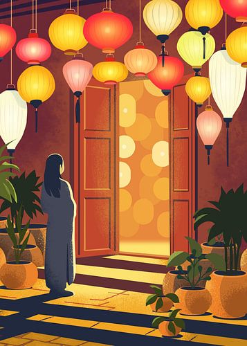 Meisje Voor een Vietnamese Lampionnenwinkel