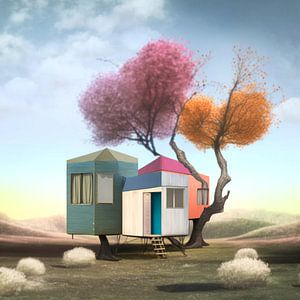 Baumhaus Landschaft surreal Wüste bunter Baum Büsche