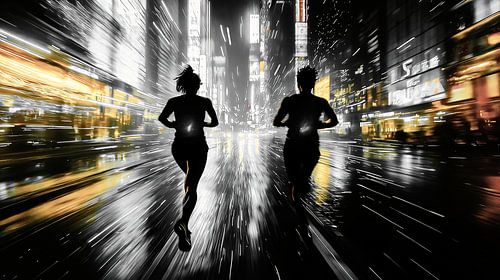 Twee atleten rennen 's nachts over Times Square