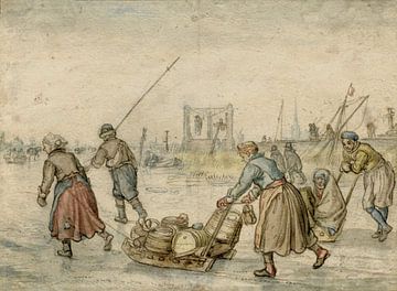 Landlieden met sleden op het ijs, Hendrick Avercamp, 1595 - 1634
