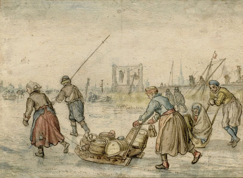 Paysans avec des traîneaux sur glace, Hendrick Avercamp, 1595 - 1634 par Marieke de Koning