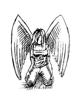 Pen drawing of an angel in black and white by Emiel de Lange