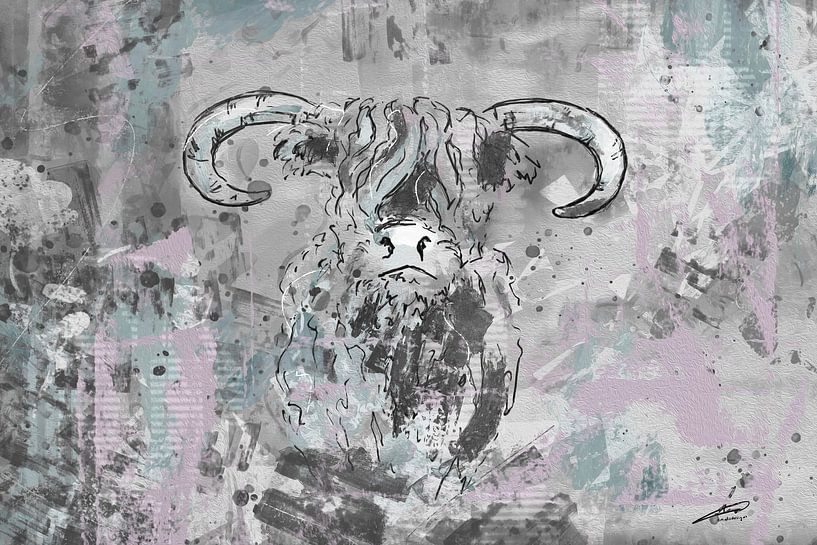 Scottish highlander - grey pink blue - 1 of 4 lying down by Emiel de Lange