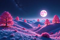 Roze bomen op glooiende heuvels onder volle maan fantasieland