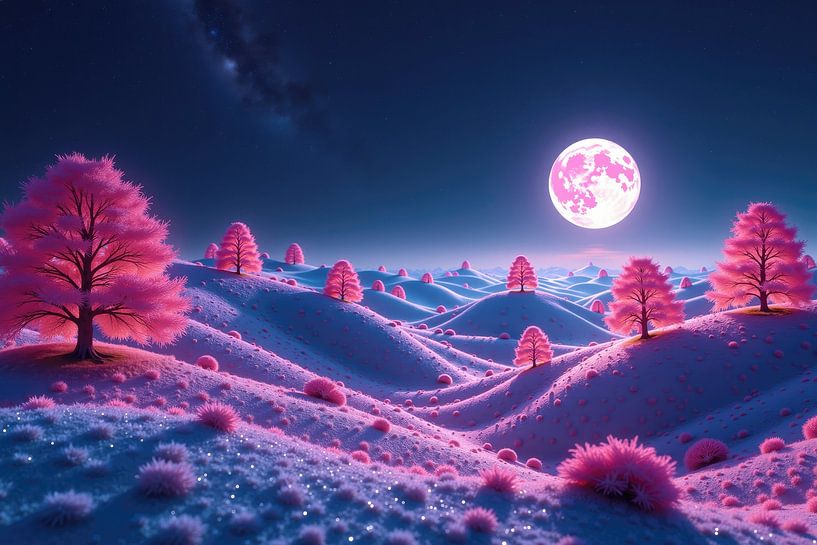 Roze bomen op glooiende heuvels onder volle maan fantasieland van Markus Gann