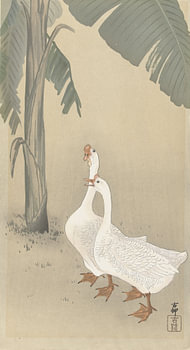Two geese at banana tree of Ohara Koson