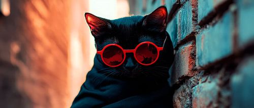 Coole zwarte kater met rode bril