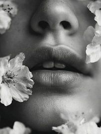 Black-and-White Lip Portrait with Blossoms – Minimalist Wall Art by SPEQ ART