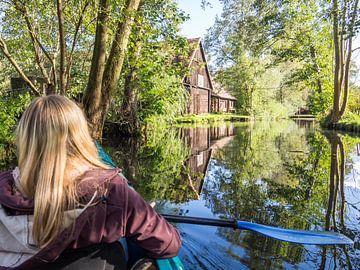 Vrouw met een kano op de rivier de Spree in Spreewald van Animaflora PicsStock