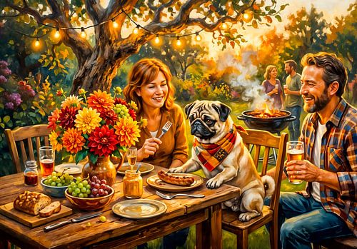 Whimsical Family BBQ Terrace Mops Illustration