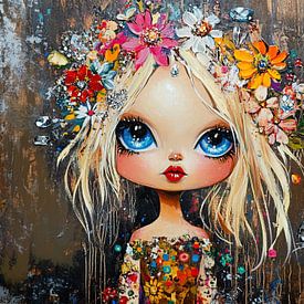 Meisje met grote ogen | Bloemen meisje van Blikvanger Schilderijen