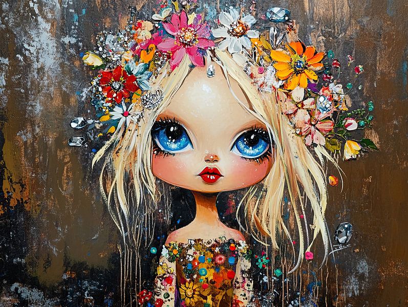 Fille aux grands yeux | Fille à la fleur par Peintures accrocheuses