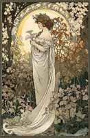 Vrouw in weelderige tuin, stijl Alphonse Mucha