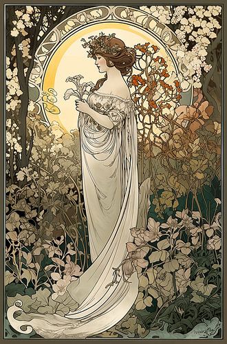 Vrouw in weelderige tuin, stijl Alphonse Mucha
