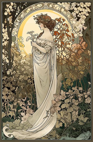 Frau im üppigen Garten, im Stil von Alphonse Mucha von Jan Bechtum