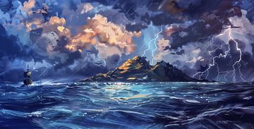 Storm over ruwe zee met eenzaam schip van Frank Heinz