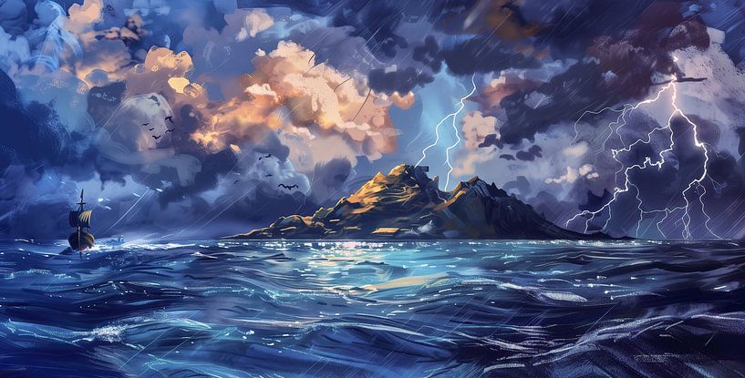 Sturm über rauer See mit einsamem Schiff von Frank Heinz