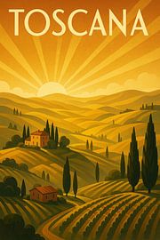 Toscana Art Deco Poster - Rolling Hills & Goldenes Sonnenlicht von Travel Shop
