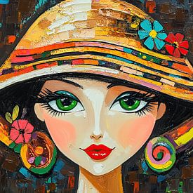 Flower Hat | Girl in Colourful Hat with Flowers by Eye catching paintings