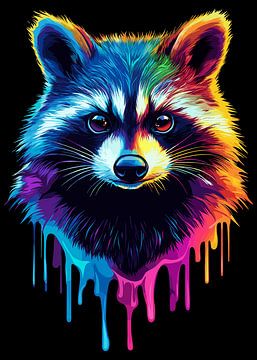 Kleurrijke wasbeer: abstract portret met regenboogeffect van Pixelbull Design