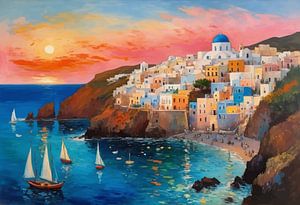 Coucher de soleil à Santorin avec les bateaux
