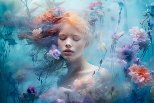 Portret van een Vrouw met Bloemen - Dromerig en Etherisch Kunstwerk