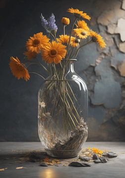 Vase en verre simple avec bouquet de fleurs sur Hans Dubbelman