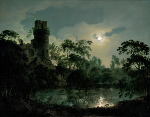 Meer bij maanlicht met kasteel op heuvel - Joseph Wright uit Derby