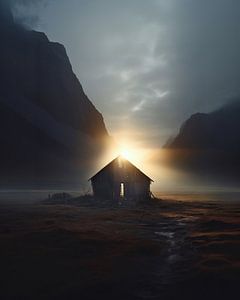 Einsame Hütte bei Sonnenaufgang
