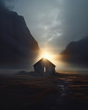 Eenzame hut bij zonsopgang van fernlichtsicht